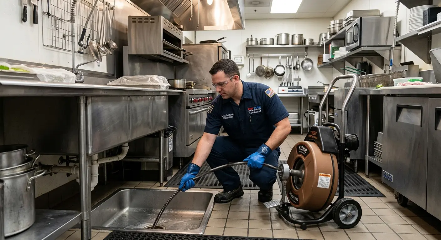 Commercial drain cleaning service in a restaurant kitchen in Wells