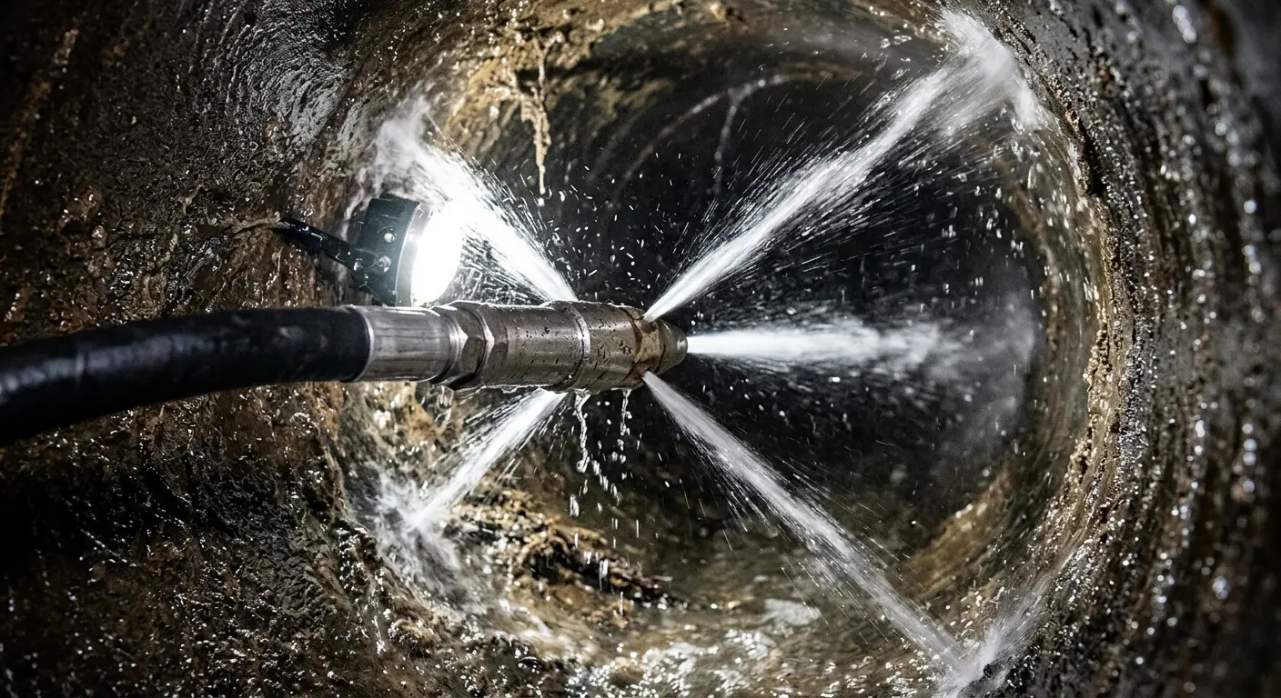 High-pressure hydro jetting nozzle cleaning sewer pipe for Emergency Drain Service in Wells