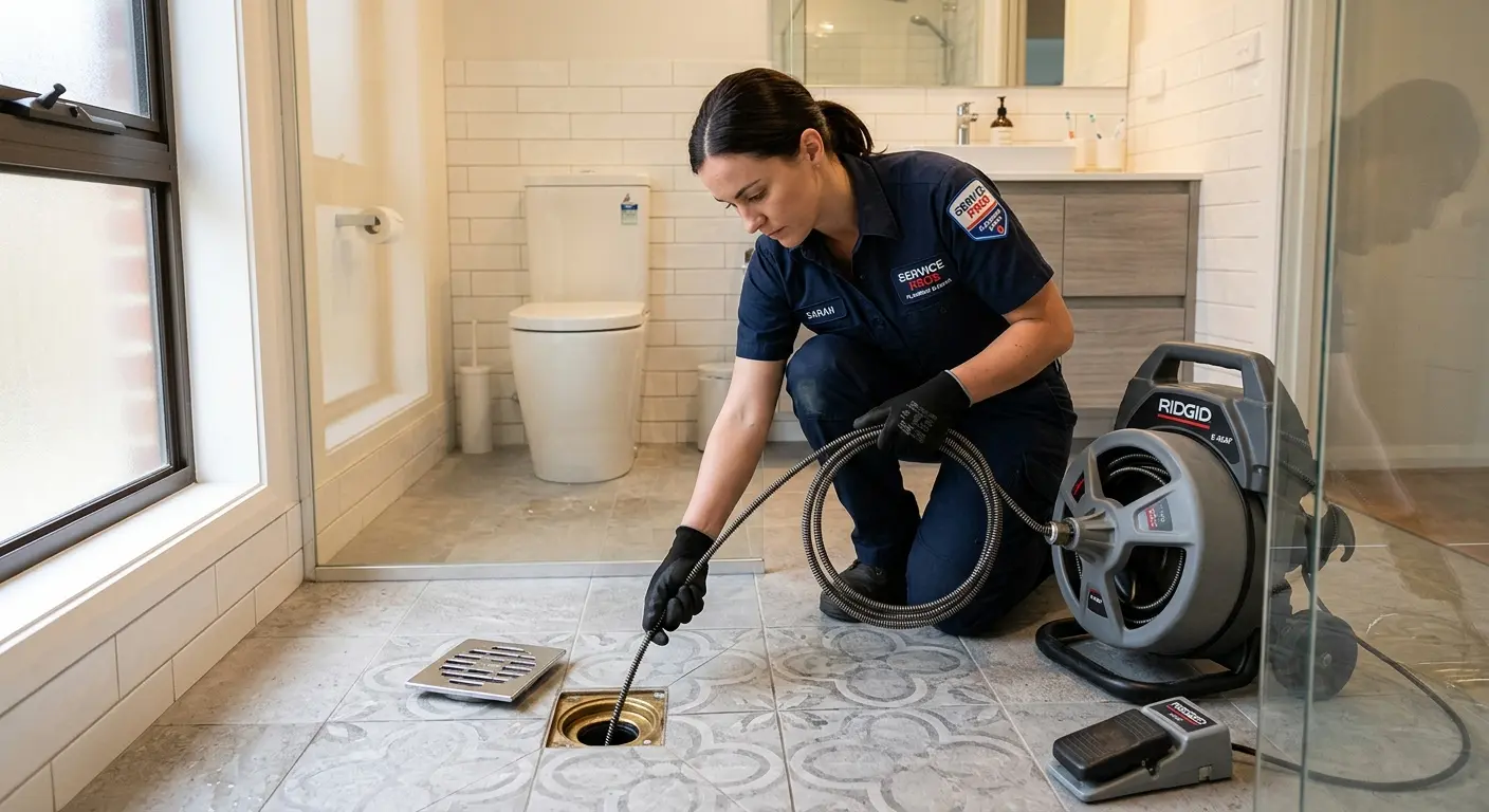 Technician clearing a bathroom floor drain for Hydro Jetting in Wells